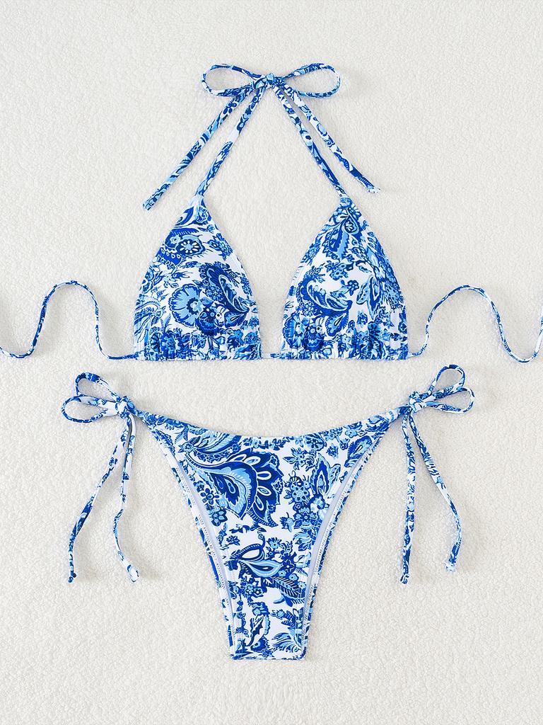 Damski strój kąpielowy z kwiecistą kokardką seksowna trójkątna torba wiązanie po bokach bikini z niską talią kostiumy kąpielowe kostiumy kąpielowe