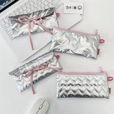 Gesteppte Schleife Klapp-Bleistifttasche Geldbörse Damen Tragbare Aufbewahrungstasche Multifunktionale Schüler-Schreibwarenbox