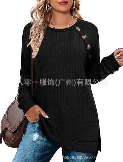 Women's Crew Neck Long Sleeve Tunic Top Ribbed Knit Raglan Sleeve Button Decor Split Hem Casual Pullover Shirt
