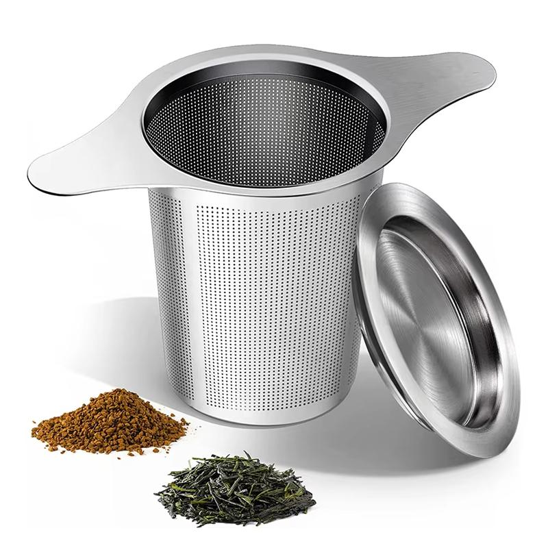 Stainless Steel Tea Brewing Funnel Filter, Fine Mesh, Cover, Double Handle, Large-Capacity Loose Leaf Tea Brewer