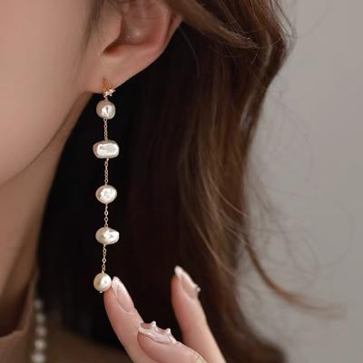 Natural Freshwater Baroque Pearl Silver Needle Long Women's Earrings 2024 New High-end Stud Earrings Trendy