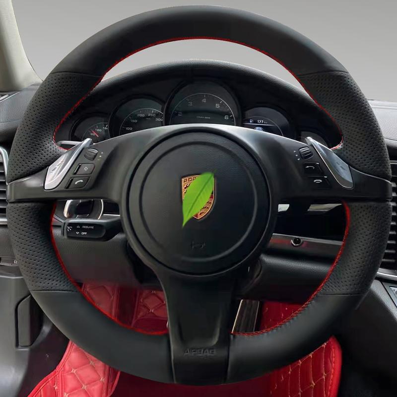 

For Porsche Cayenne Panamera 2010 2011 2012 Hand-Stitched black Leather non-slip car Steering Wheel Cover red line style