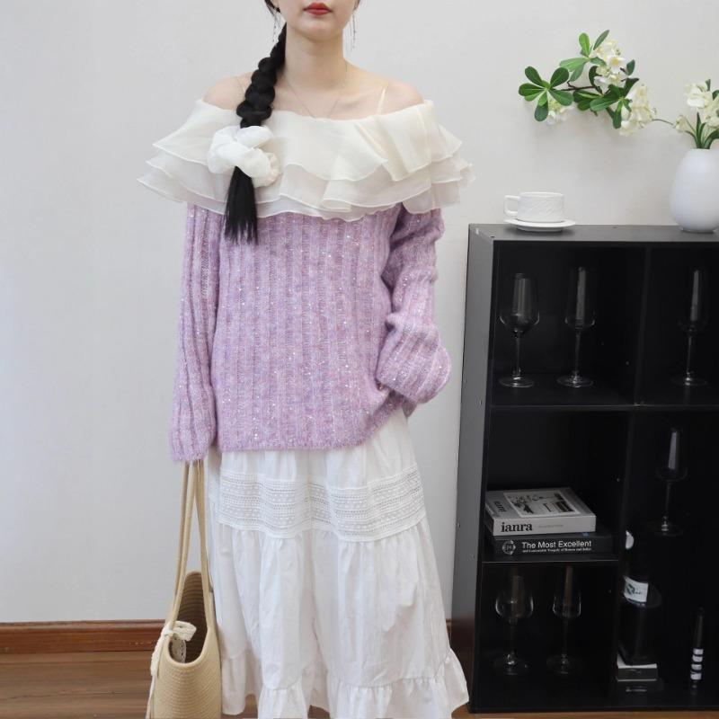 Autumn and winter new models with headrope one-word shoulder ruffle edge knitted sweater top sequined gentle wind sweater pullover woman