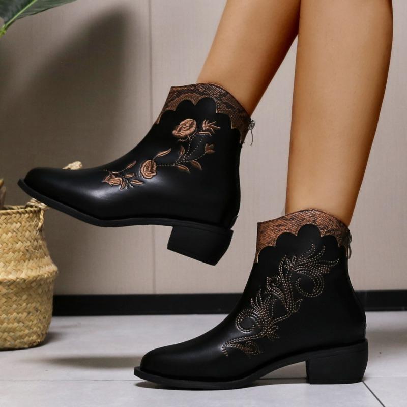 Fashion Women's Thick Heel Cotton Boots New Winter Pointy Back Zipper Embroidery Anti-slip Wear-resistant Short Boots