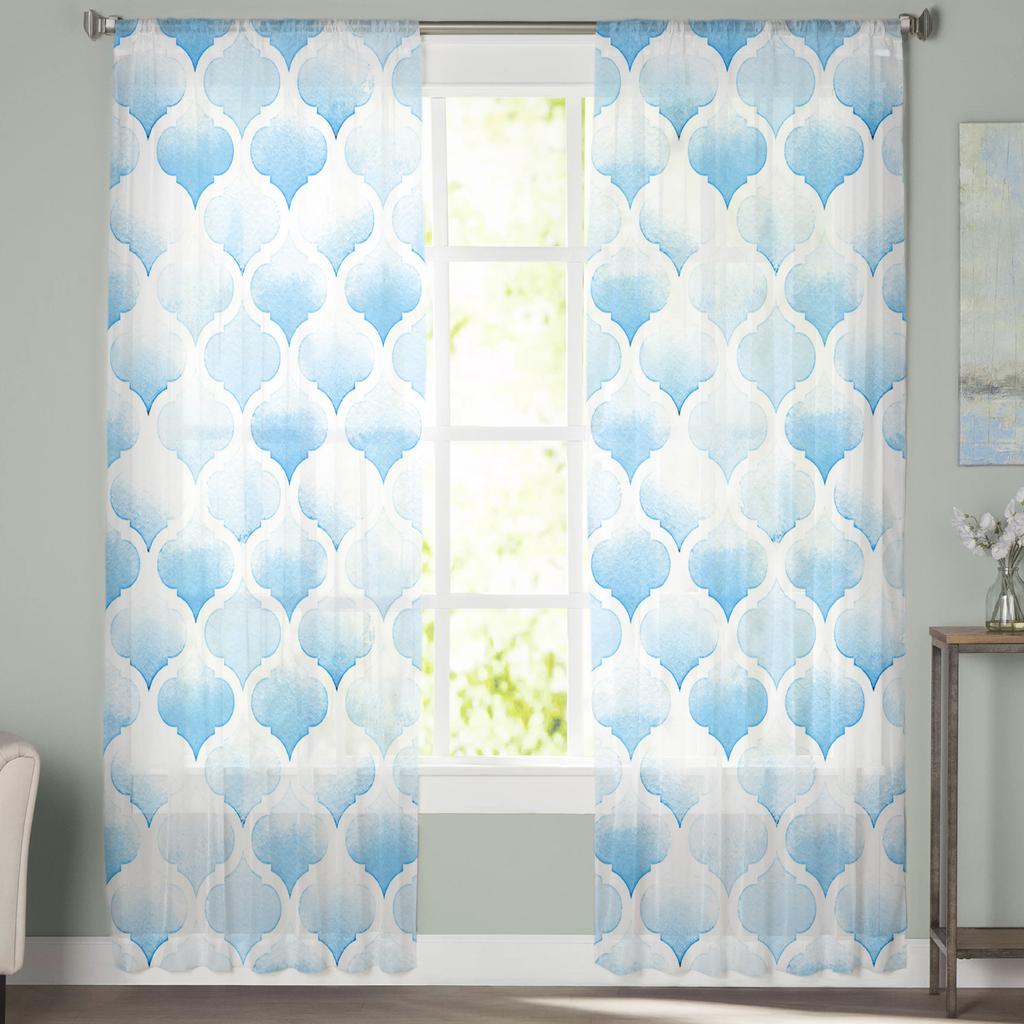 Watercolor Morocco Blue Sheer Voile Window Curtains Tulle Curtains Living Room Balcony Decoration Drapes