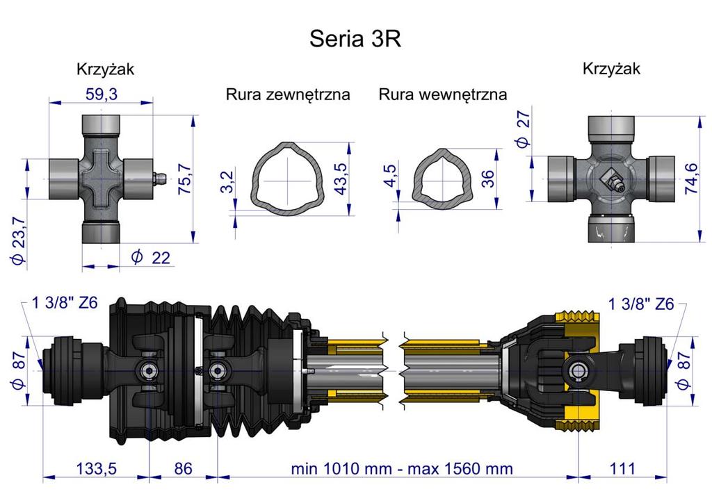 Wał Przegubowo-Teleskopowy 1010-1560Mm 460Nm Szerokokątny Ce 2020 Seria 3R Waryński