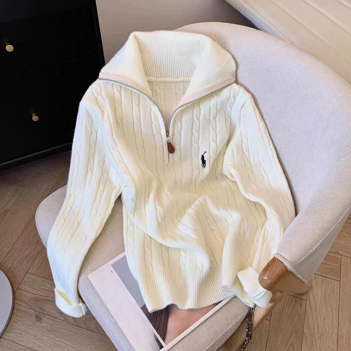 

Осень Зима Женский Вязаный Свитер со Стойкой Воротником, Наполовину на Молнии, Свободный, Вязаный Косами, Однотонный Пуловер, Вязаный Топ L грязно-белый