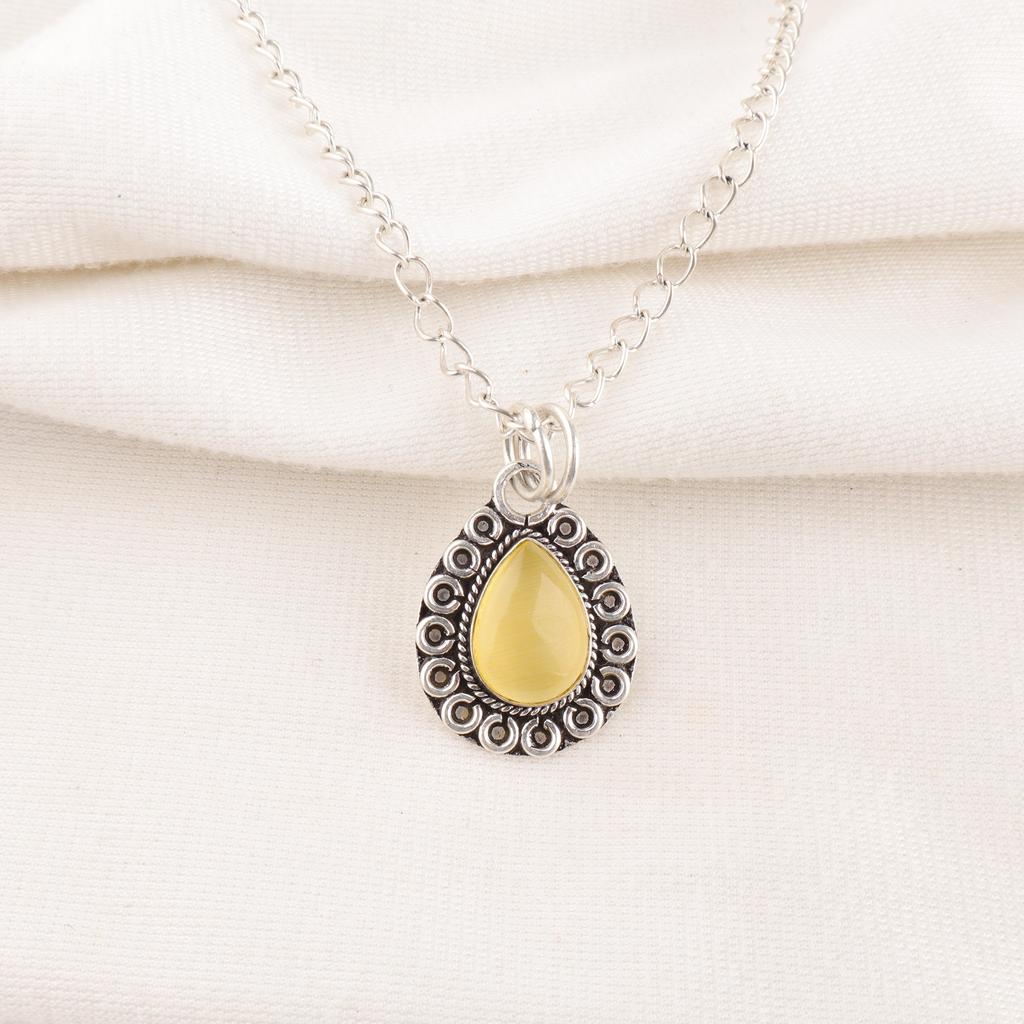 Yellow Cat's Eye 925 Sterling Silver Pendant, Handmade Gorgeous Silver Jewelry, Beautiful Cat's Eye Gemstone Jewelry For Gift