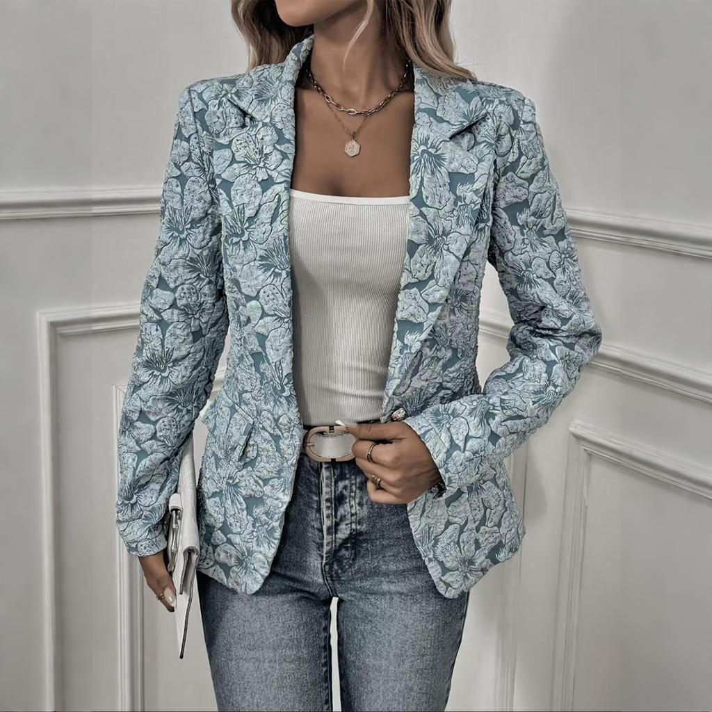Women's Fashion Lapel Button Long Sleeve Casual Vintage Jacquard Slim Fit Blazer Jacket for Office Work Daily Wear
