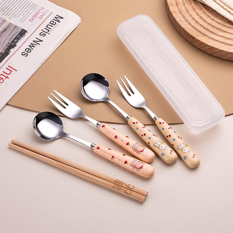 New stainless steel fork, spoon and chopsticks ceramic handle cartoon three-piece set student travel spoon chopsticks portable tableware set