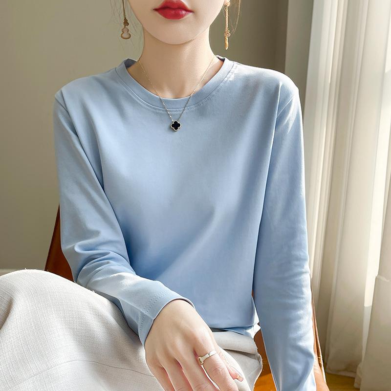 Women's Crew Neck Long Sleeve T-Shirt Regular Fit Elegant Lady Style Mercerized Cotton Solid Color Spring Casual Versatile Basic Layering Top