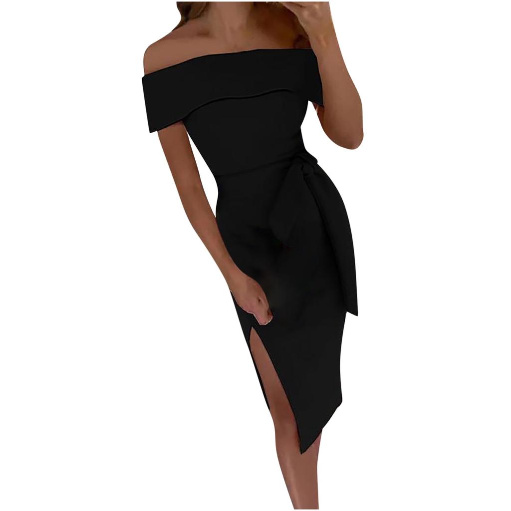 Women's Summer Fashion Straight Neck Color Regular Split Dress