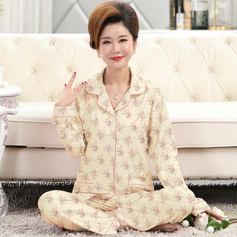 Frühlings- und Herbstpyjama Damen Imitationsbaumwolle langärmelig dünn hochwertig reiche Blume Mutter Loungewear-Set