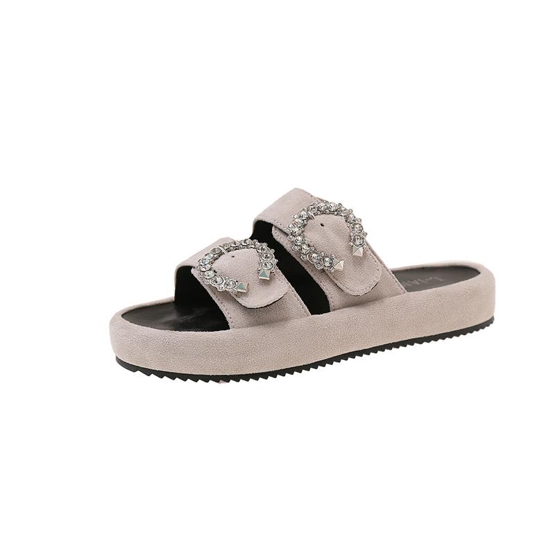 Fashion Crystal Metal Buckle Flip-Flops Women's Fashion Round Toe Open Toe Flannelette Slip Strap Soft Sole Non-Slip Plus Size Flats