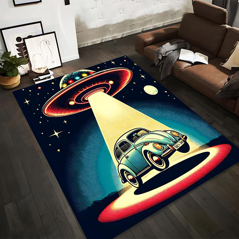 

Vintage UFO Alien Abduction Scene Carpet with Retro Car Design Suitable for use as an anti-slip for living room bedroom sofas 40x60cm( 15x23in )