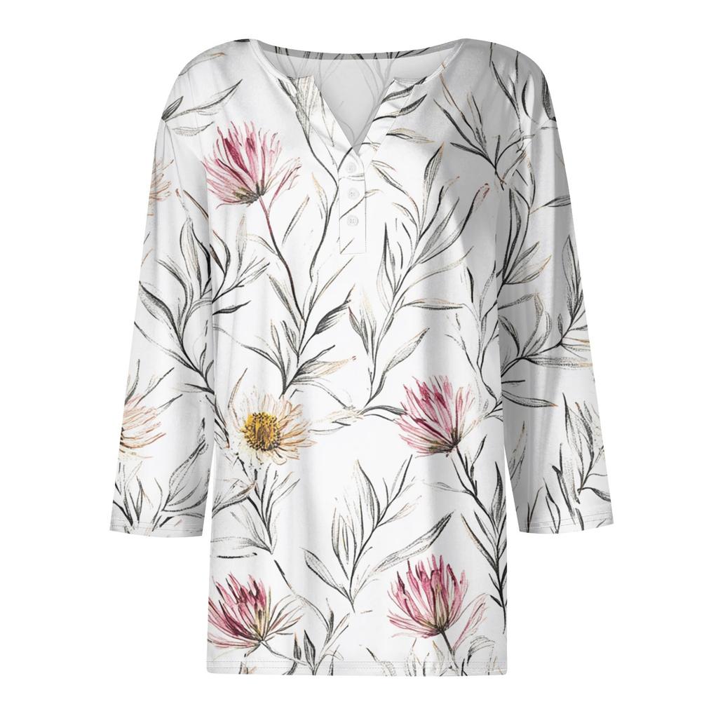 Women's Fashion Casual Floral Print V-Neck Short Sleeve Decorative Button Three-quarter Sleeve T-Shirt Top