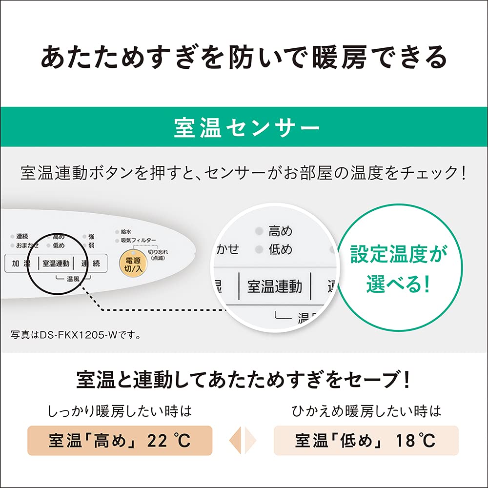 Keramický ventilátorový ohřívač Panasonic s funkcí zvlhčovače a senzorem lidské přítomnosti vybavený technologií Nanoe White DS-FKX1205-W