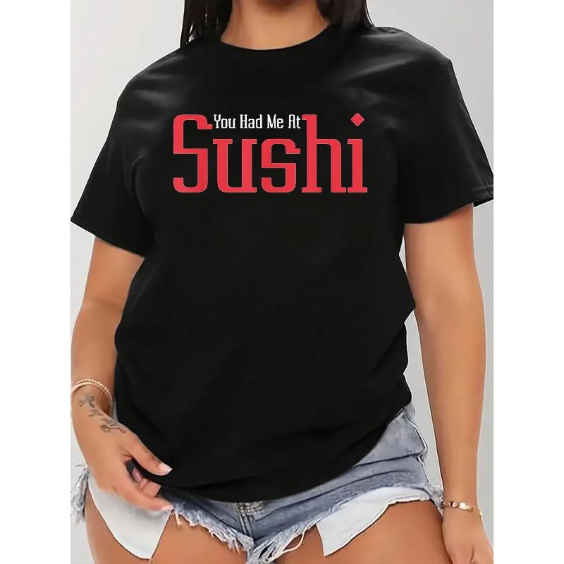 

Plus Size - 1pc Women S Plus Size Sushi Graphic T-Shirt - Black Casual Crew Neck Short Sleeve Top with Red Cartoon Letter Print S чёрный