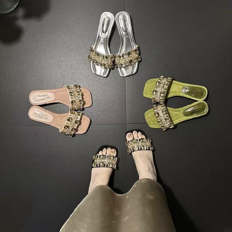 Slippers Women's Summer New Rhinestone Square Head Thick Heel Open Toe Wear Versatile High Heel Sandals