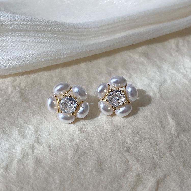 Elegant French Zircon & Pearl Flower Stud Earrings for Women - Gold Plated, Luxurious & Sweet.