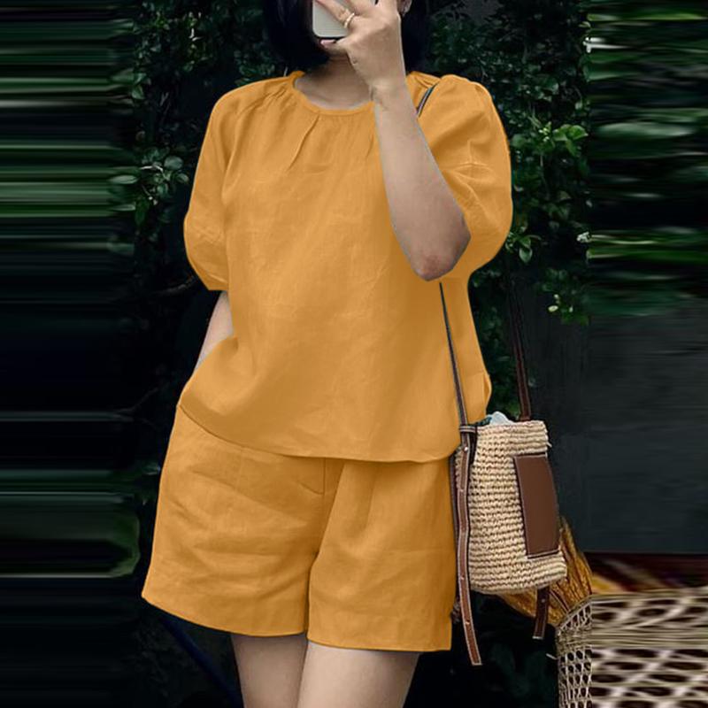 ZANZEA Lässiges Zweiteiler-Set aus Bluse und Shorts für Damen mit halblangen Ärmeln