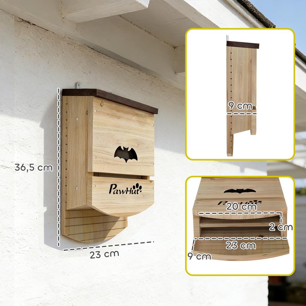 Bat Boxes, Pack of 3 Wooden Bat Houses for Outdoor, Garden, Farm, Easy to Hang, 23 x 9.5 x 36.5 cm, Natural
