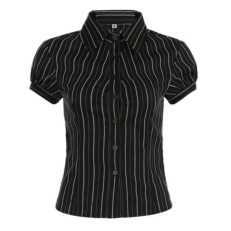 

2025 Amazon Women s Commuting Style Button Cardigan T-Shirt Hot Girl Slim Fit Lapel Striped Contrast Color Short Sleeve Top Black L