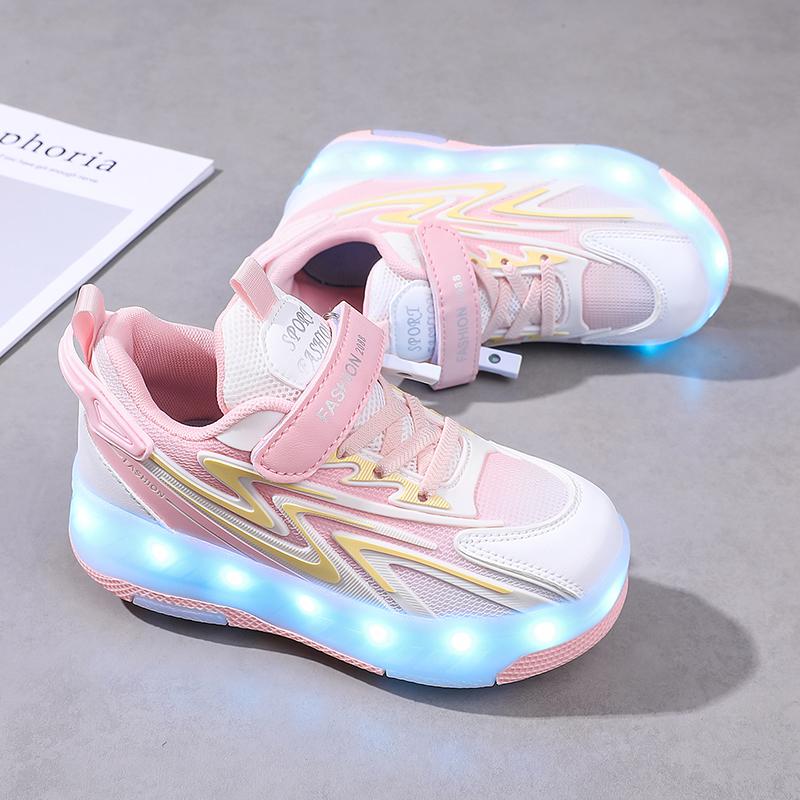 Kids Glowing Sneakers Rubbing Shoes Charging and Disassembling Four Wheels Slide Shoes LED Kids Glowing Sneakers