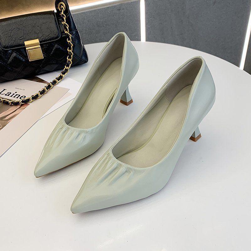 Korean Version of the New Gentle Fairy Wind Pleated Shoes Pointed Head Shallow Mouth Thin Heel Single Shoes Women's Versatile Soft Leather High Heels
