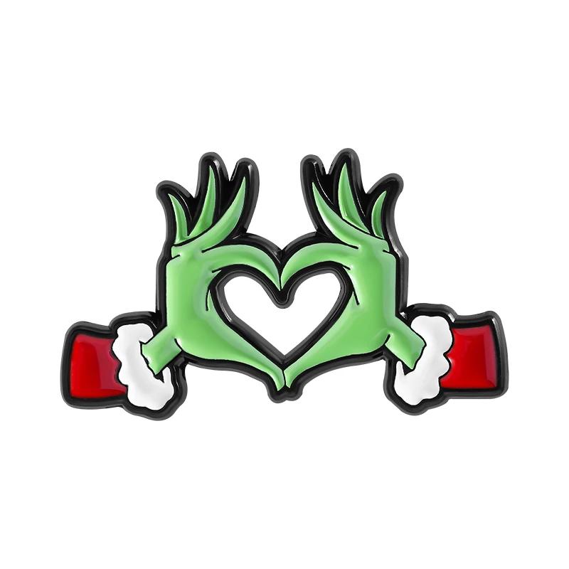 Green Monster Heart Hands Enamel Pin Animated Characters Merry Christmas Brooches Lapel Badge Fashion Jewelry Gifts for Friends