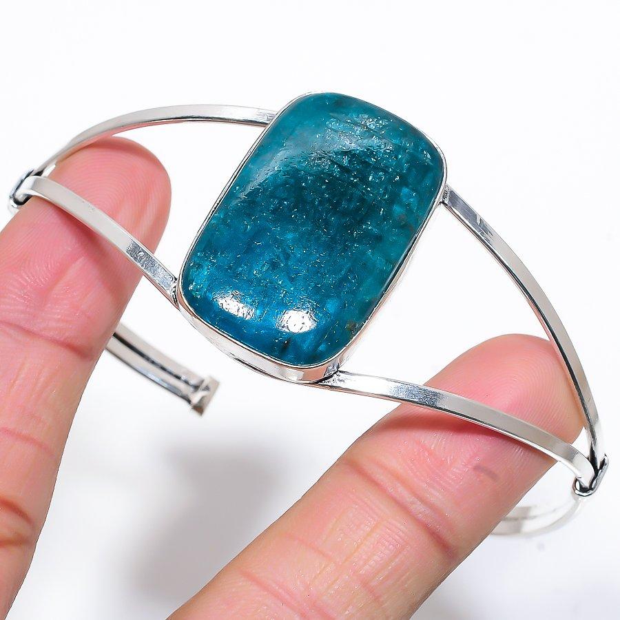 

Neon Blue Apatite Gemstone Handmade Cuff Jewelry Bangle Adjustable SR-10790