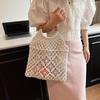 New Wooden Handle Rattan Handle Solid Color Hollow Handmade Cotton Rope Woven Bag Seaside Vacation Handbag Straw Bag