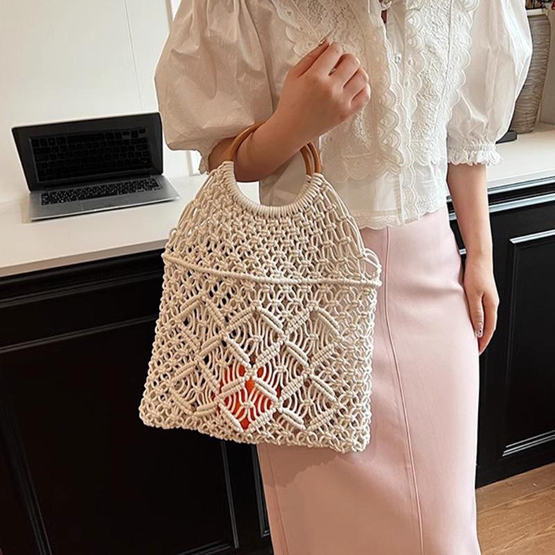 New Wooden Handle Rattan Handle Solid Color Hollow Handmade Cotton Rope Woven Bag Seaside Vacation Handbag Straw Bag