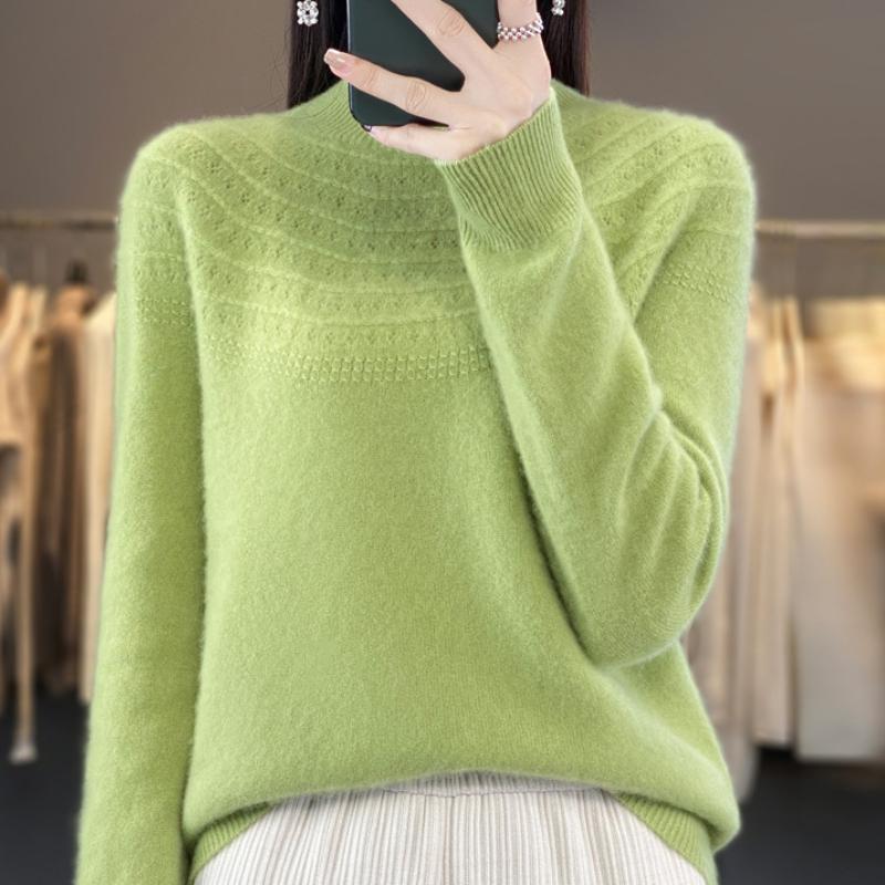 One-line Ready-to-wear Half-high Neck Hollow Cardigan for Women In Autumn and Winter New Loose and Versatile Warm Wool Knitted Base Shirt