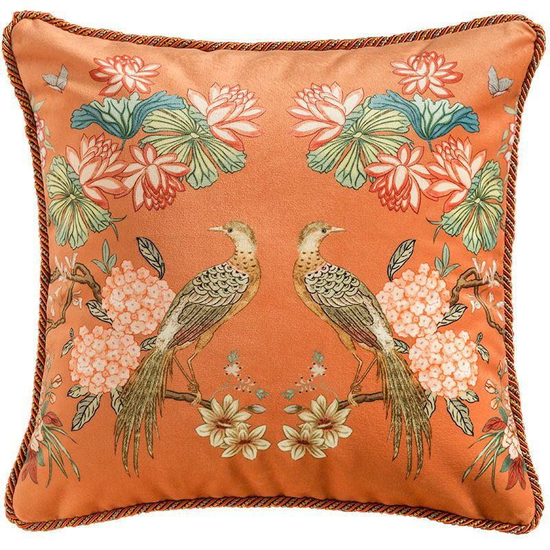

New Chinese-style Flower and Bird Illustration Style Sofa Cushions for Living Room, Thick Bed Head Soft Padding Backrests 45x45cm