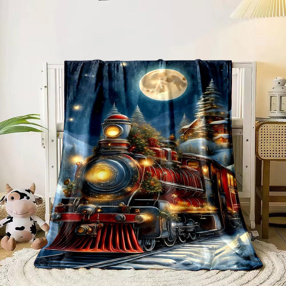Christmas Train Night Print Blanket Bedroom Blanket for Livingroom Couch Lunch Break Soft Throw for Friend's Festival Gift