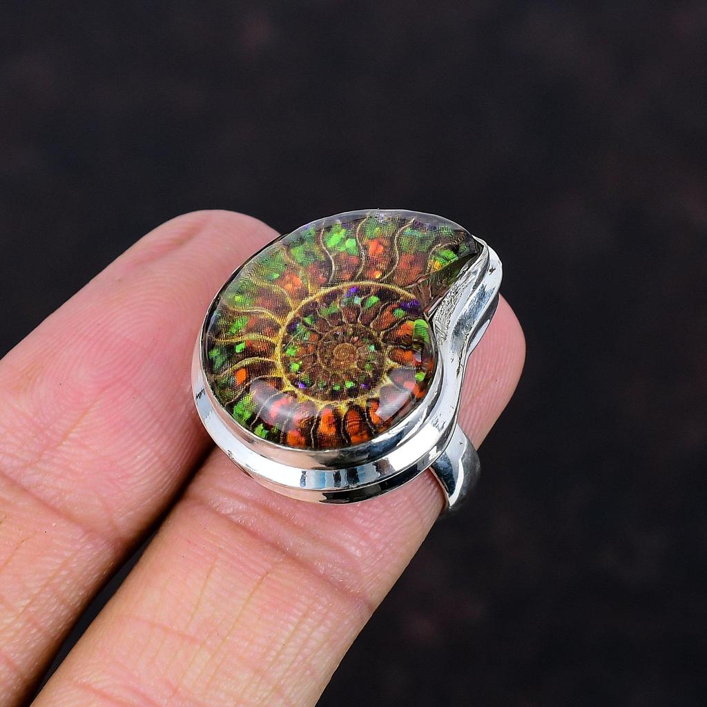 Ammolite In Ammonite Fossil Ring 925 Sterling Silver Ring Adjustable Ring Handmade Jewelry Beautiful Gemstone Ring Engagement Gifts for Wife