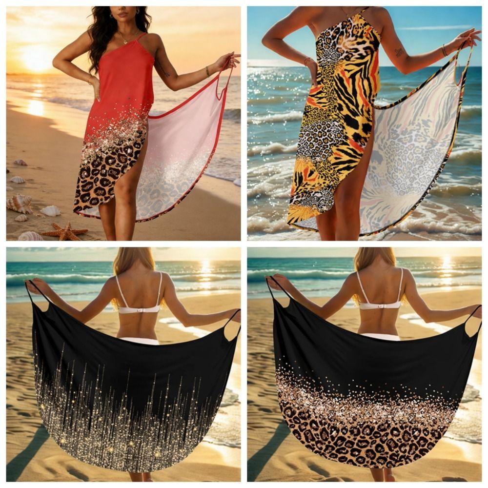 Sleeveless Shiny Beach Sundress Leopard Print Cover Up Skirts Elegant Women Wrap Up Dress  Party