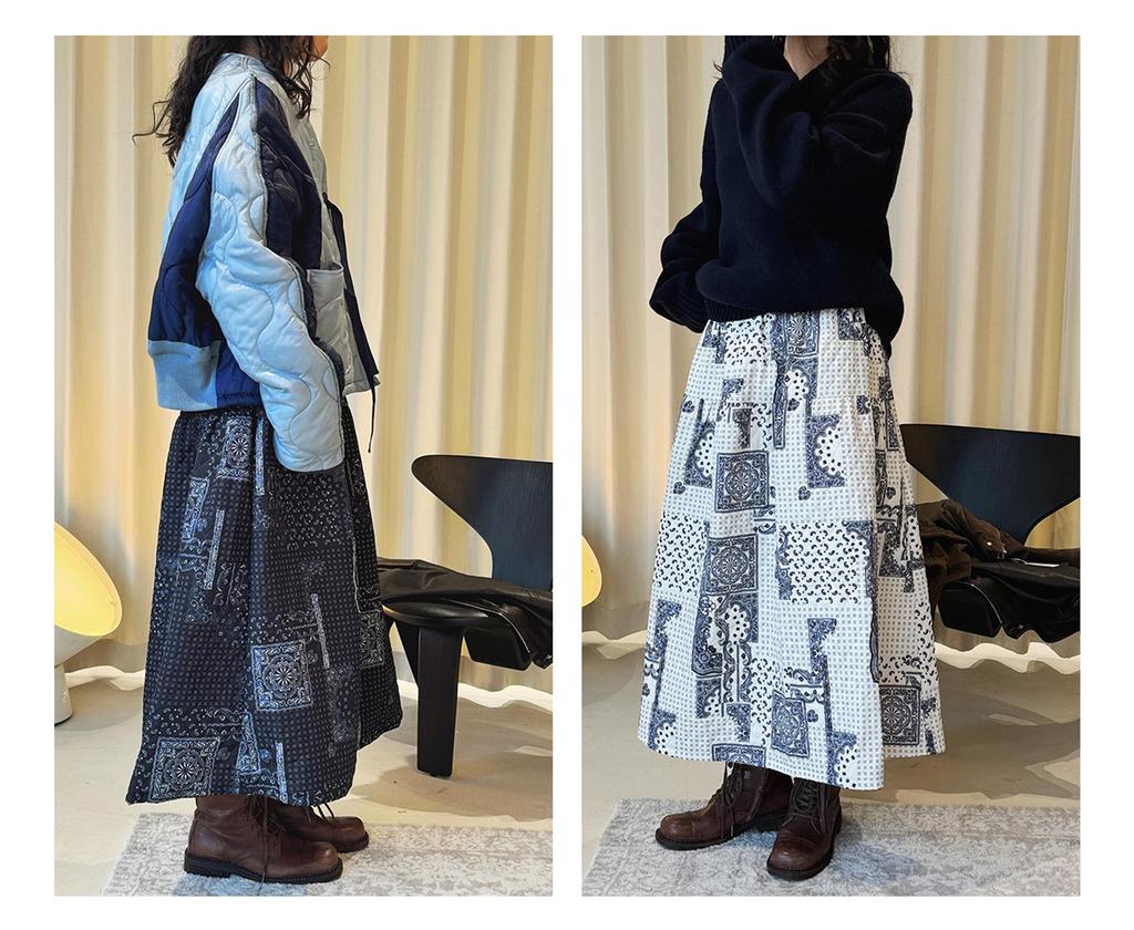 Louvre Winter Japanese Retro Paisley Patchwork Elastic Waist Long Skirt for Women