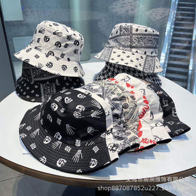 Trendy versatile sunshade sun hat summer double-sided pot hat printed bucket hat women