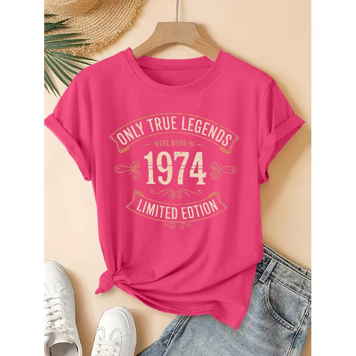 2026New SpringSummer Women's Round Neck 1974 Vintage Legendary Birthday Print Short Sleeve T Shirt Vintage Distressed Casual Top Soft Knit