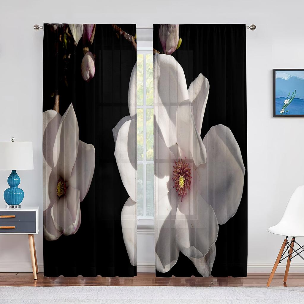 Weißer transparenter Vorhang mit Magnolienblumenmuster für Wohnzimmer, Küche, Fenster, Schlafzimmer, Dekoration, Blumen-Voile, zum Aufhängen, eleganter Tüllvorhang