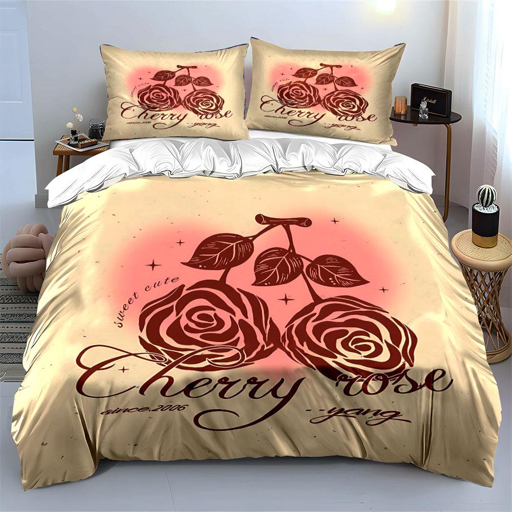 Cherry Rose Floral Design Bedding Duvet Cover Set Duvet Cover Pillowcases (1*Duvet Cover 2*Pillowcases, without duvet insert)