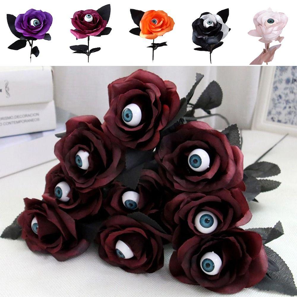 

5PCS Photo Props Artificial Rose Flower With Eyeball Halloween Silk Flower Fake Flower Halloween Black