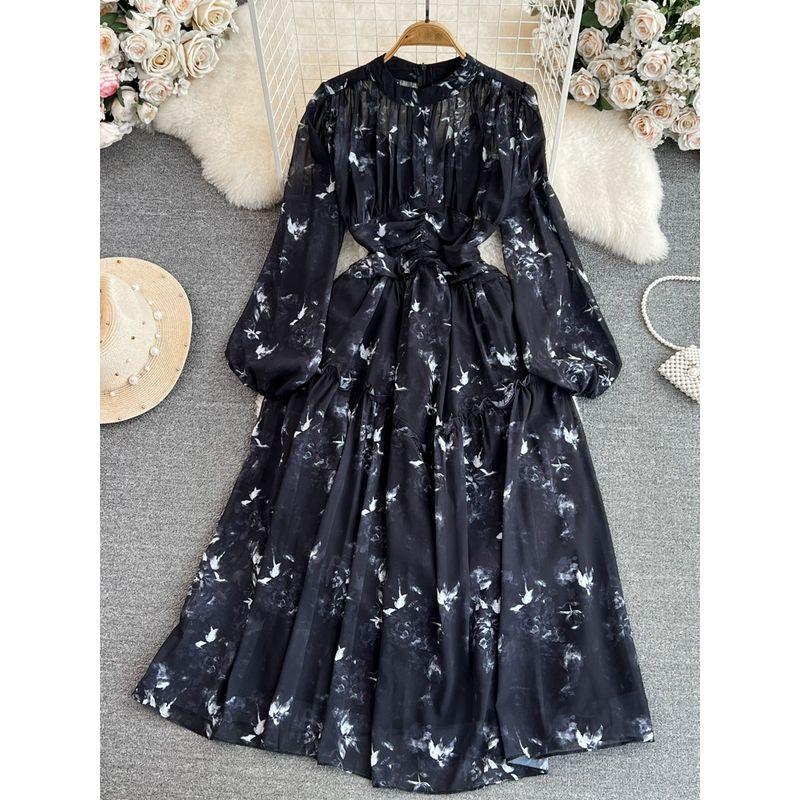 Accessible Luxury Lantern Long Sleeve Stand Collar Elegance Chiffon Dress