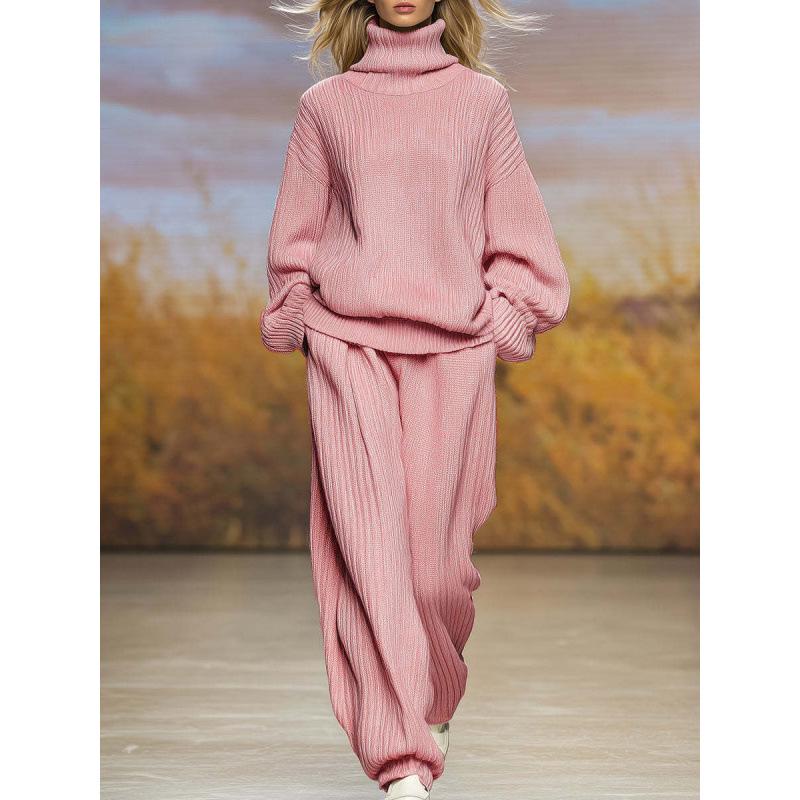 2025 Autumn/Winter Women's Casual Knit Set: High Neck Top & Wide Leg Pants