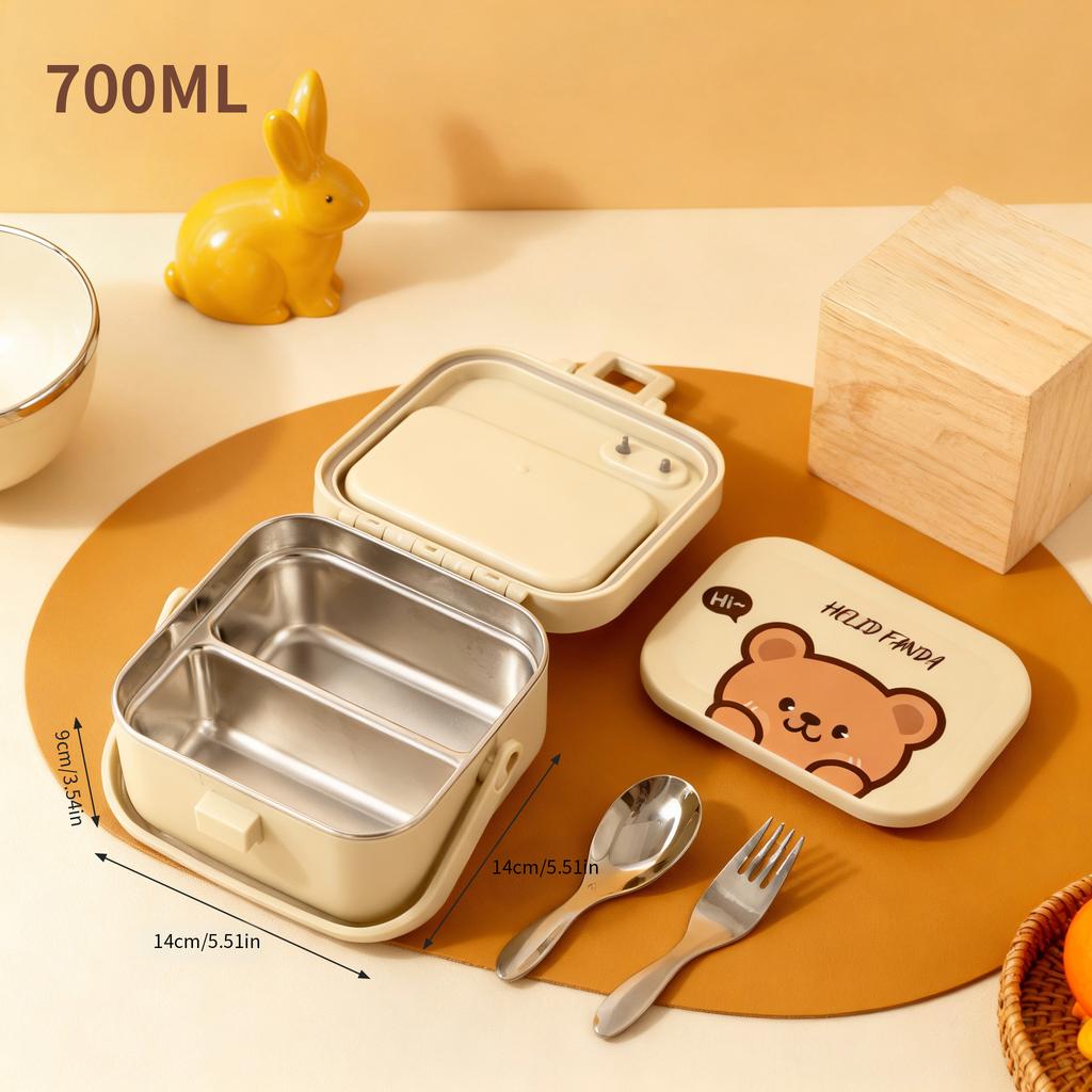 304 Stainless Steel Handheld Lunch Container Leak-proof Cartoon Square Children's Bento Lunch Box With Fork Spoon Microwave Safe