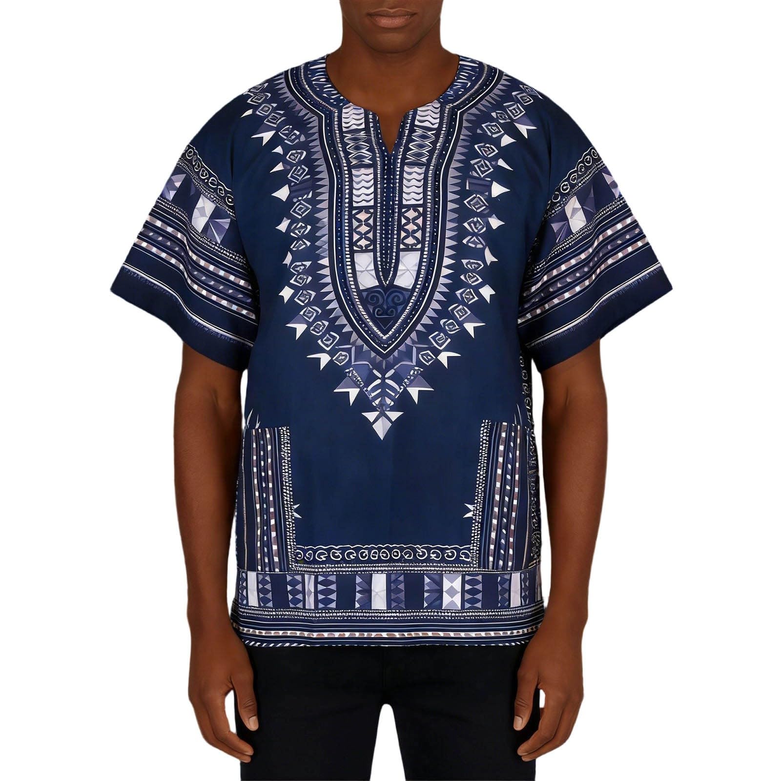 Hibaby1 Traditioneel losvallend Dashiki overhemd voor heren met geometrische tribale print Korte mouw Pullover Etnische top voor dagelijks gebruik XXXL