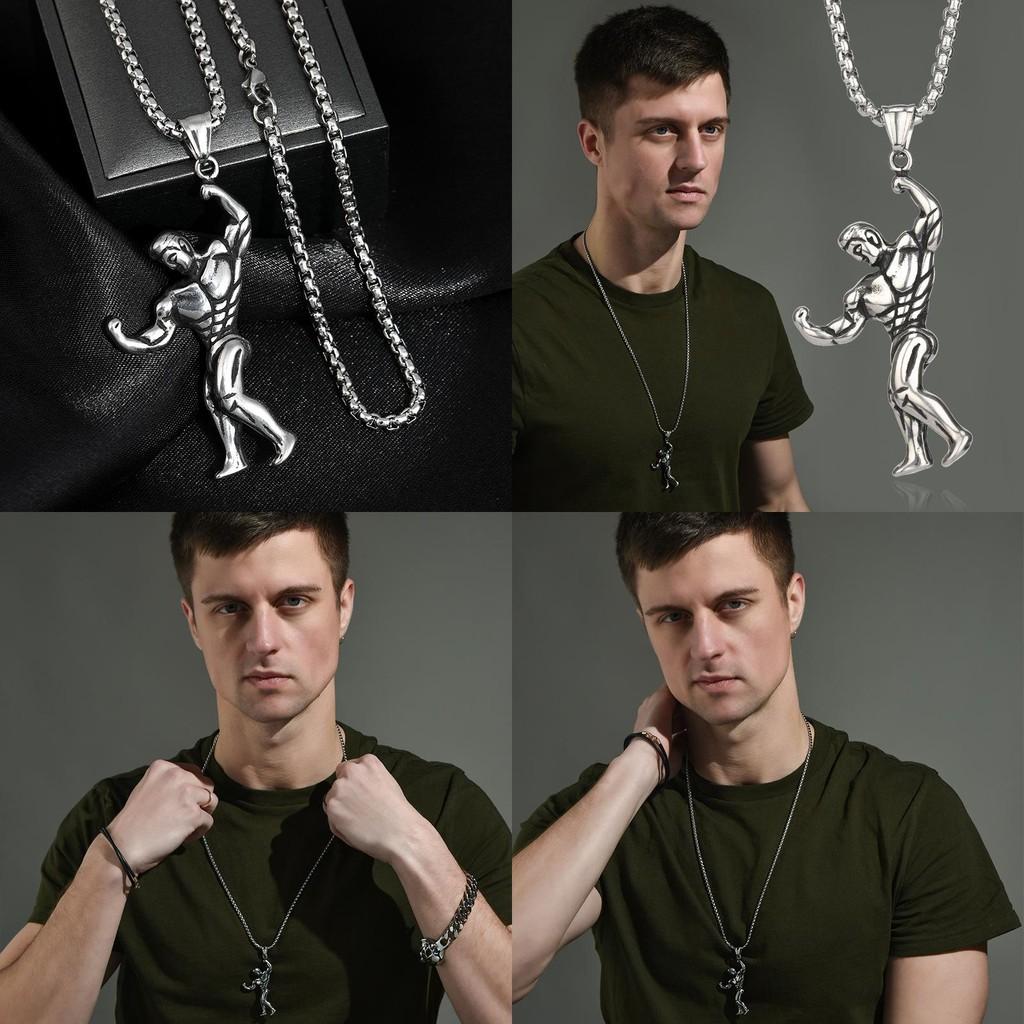 Stylish Silver Muscle Man Pendant Necklace For Men In Trendy Korean Design Fashion