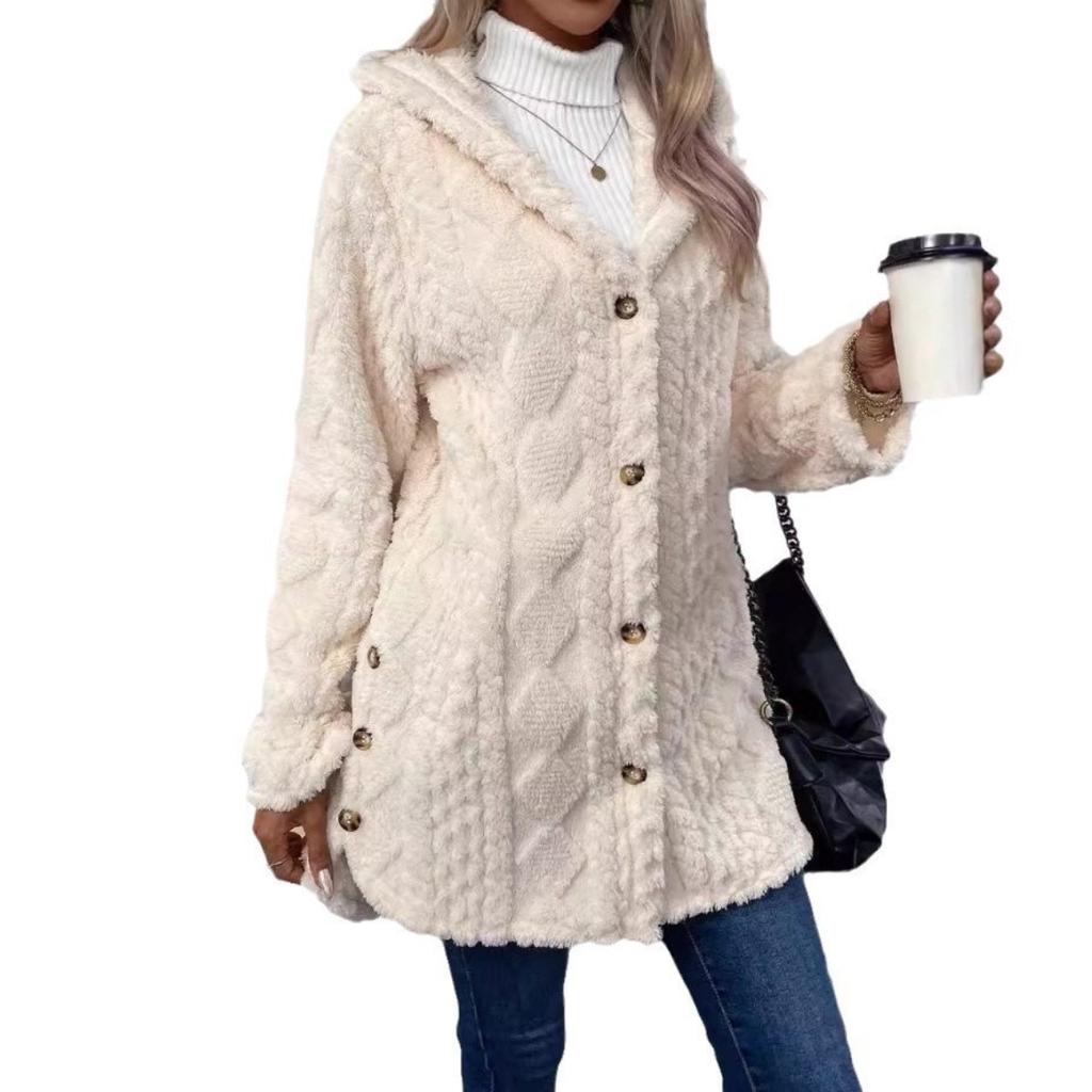 Hooded Solid Color Cardigan Button Up Long Sleeved Casual Fleece Jacket
